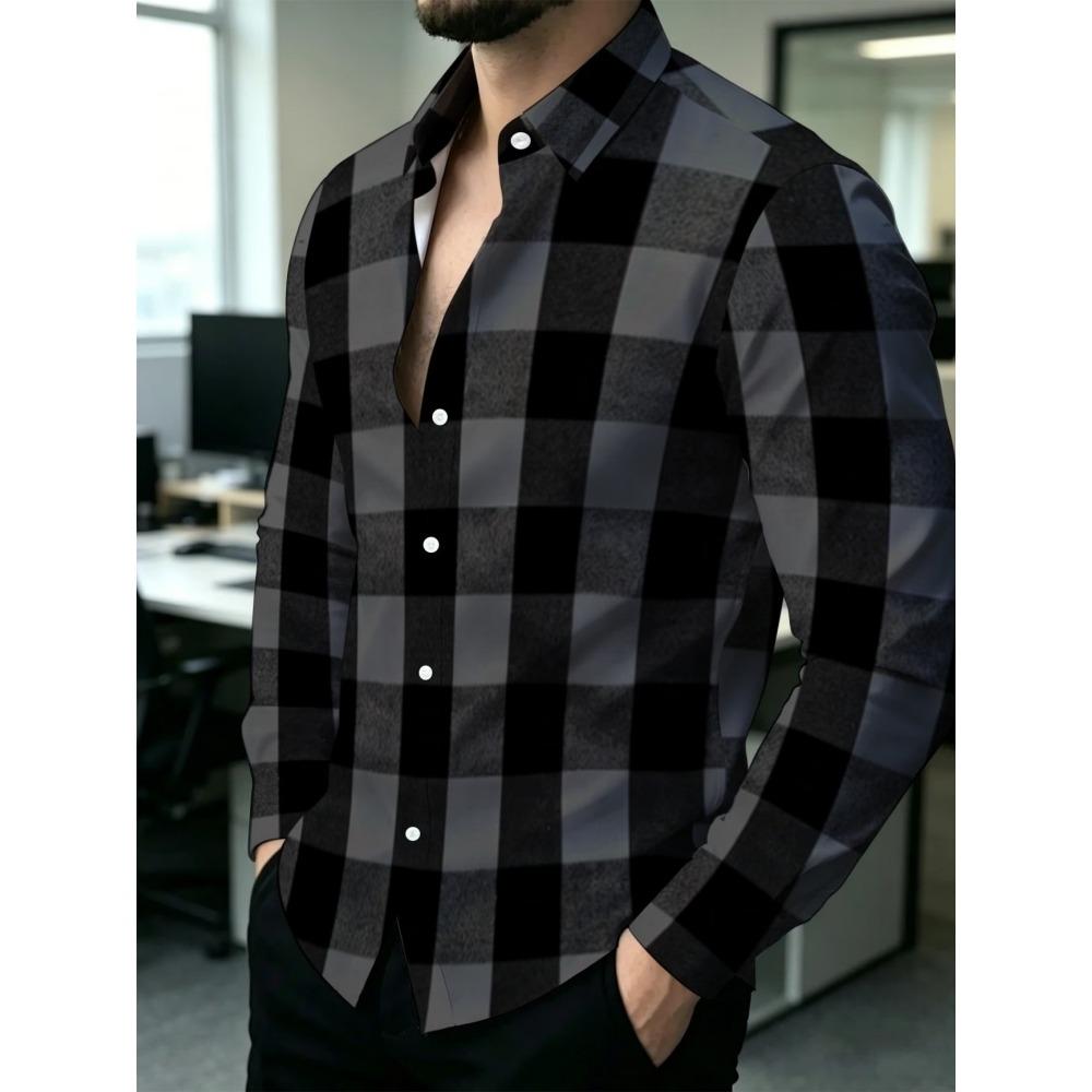 Men's Orange Blue Large Plaid Long Sleeve Collar Shirt Retro Plaid Casual Business Slimming Plaid Shirt