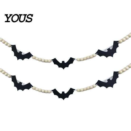 Ghost Halloween Garland 2 Pcs 7.5FT Garland, Felt Pumpkin Bat Skull with Banner Decoration Wood Beads, Party Hanging for Fireplace Doorway Indoor
