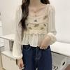 Spring Summer  Crochet Top with Chiffon Flower Embroidery Long Sleeve Square-neck Fake Two-Piece Blouse Hook Flower Hollow Top Sunscreen