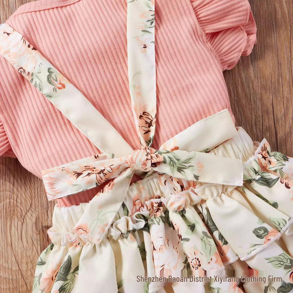 Prinsess-stil Baby Sommaroverall Set: Triangelbody, Tröja att dra över huvudet, Puffbyxor, Kjola