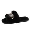 Fashion Winter Women's Home Faux Fur Warm Open Toe Slippers Fashionable Crystal Decorated Flat Bottom Lightweight Comfortable Slippers
