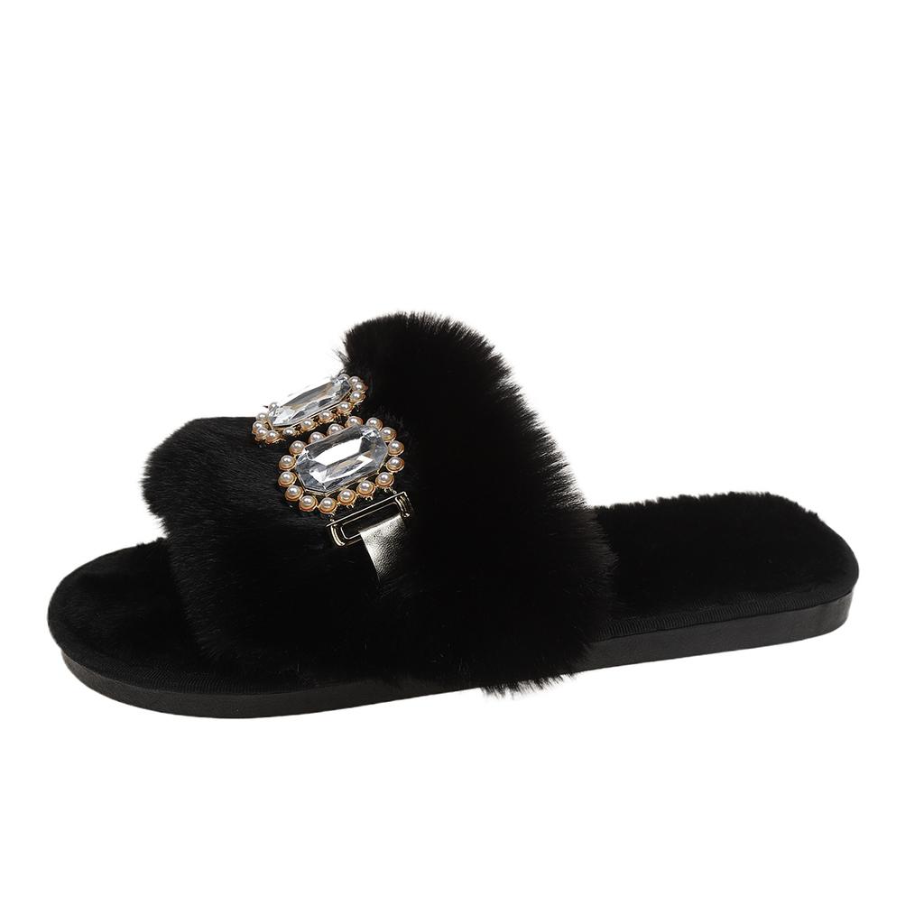 Fashion Winter Women's Home Faux Fur Warm Open Toe Slippers Fashionable Crystal Decorated Flat Bottom Lightweight Comfortable Slippers