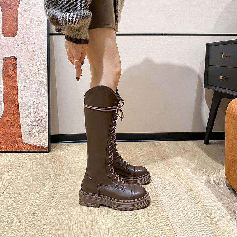 

Autumn and winter warm thick-soled brown boots v-mouth lace-up knight boots thick leg boots high boots women s boots 35 чорний