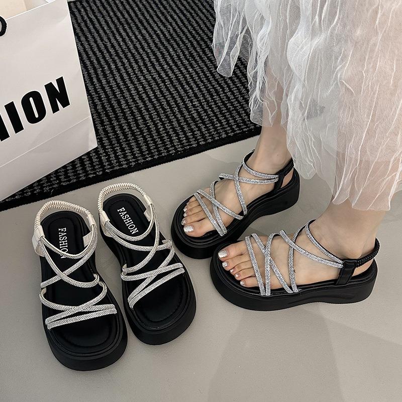 Summer new outer wear rhinestone platform sandals women's cross-strap high-end versatile elastic high-heeled strap sandals