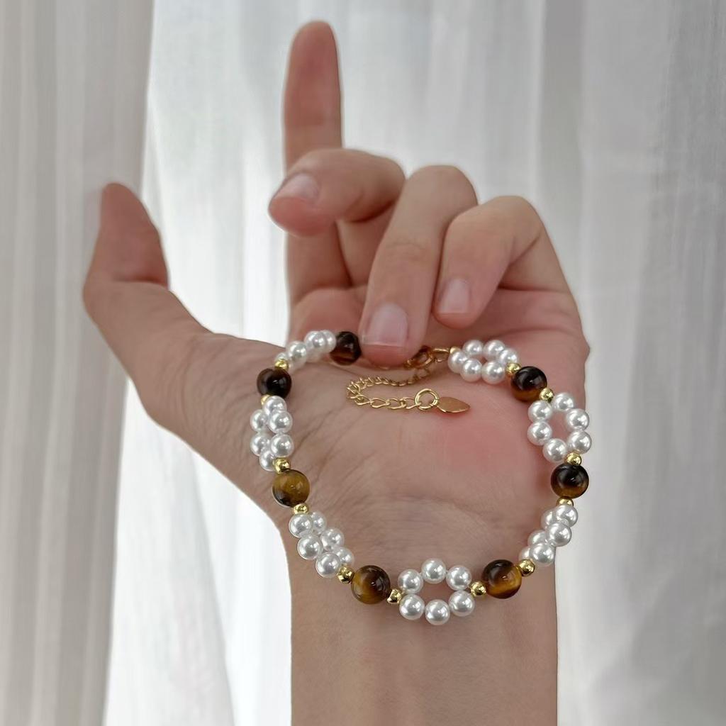 Vintage Artificial Crystal Pearl Natural Tiger'S Eye Stone Bracelet Bracelet.
