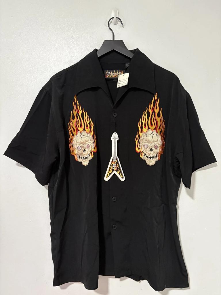 Dragonfly Shirt Mens Large Black Flames Skulls Embroidered Rock Camp Bowling
