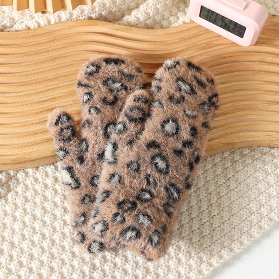 1 Pair Winter Mittens Leopard Print Warm Plush Gloves Soft Thickened Cold-Proof Skiing Travel Gloves