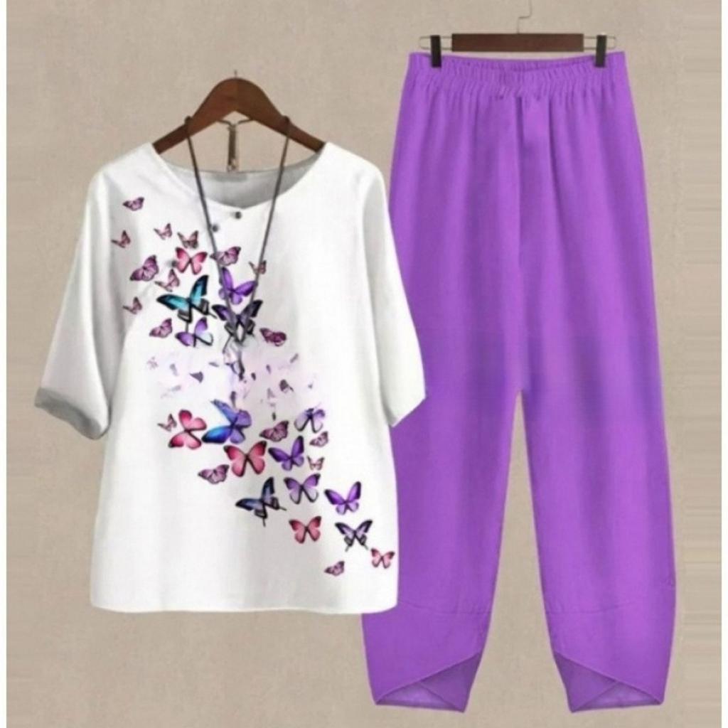 Women's Loose Fit Floral Printed Two Piece Outfit Half Sleeve T-Shirt Elastic Waist Pantsuit