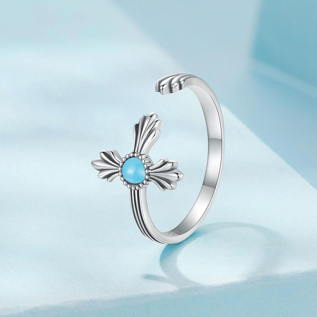 Vintage Turquoise Cross Open Ring S925 Sterling Silver Oxidized Women's Jewelry Adjustable Rings