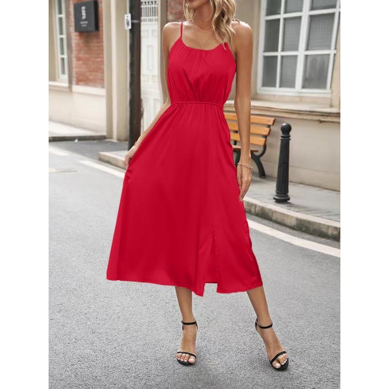 YYFS Moda Femei Vară Primăvară Imprimare în culori uni Bretele fără mâneci Rochii casual cu talie înaltă