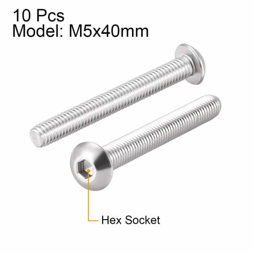 Uxcell M5x40mm 304 Stainless Steel Hex Socket Head Machine Screws, Round Head Bolts, Pack of 10