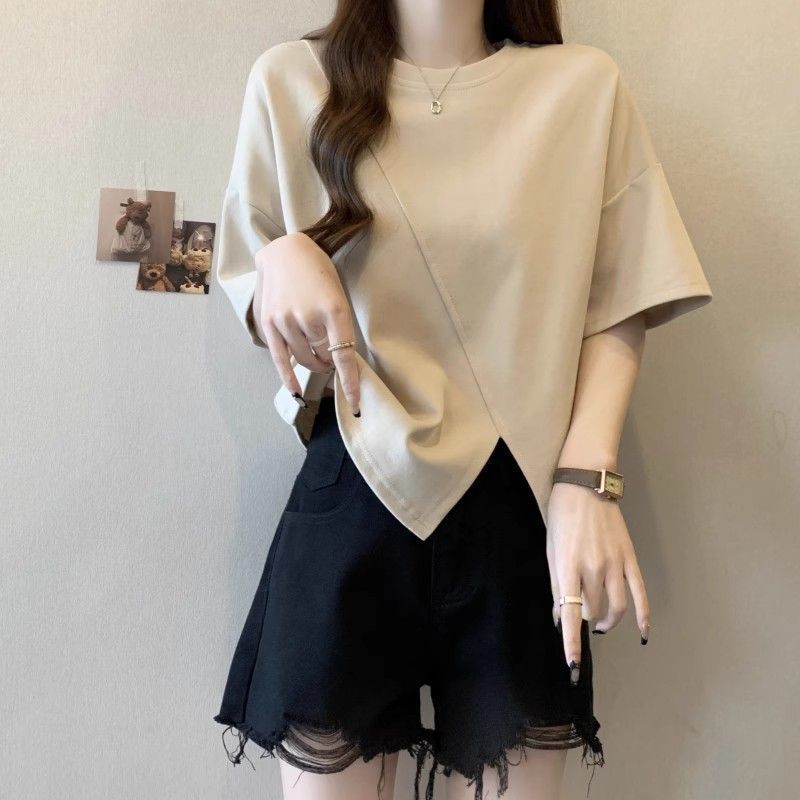 

Жіноча вільна однотонна футболка з круглим вирізом і рукавом 3/4 4XL хакі