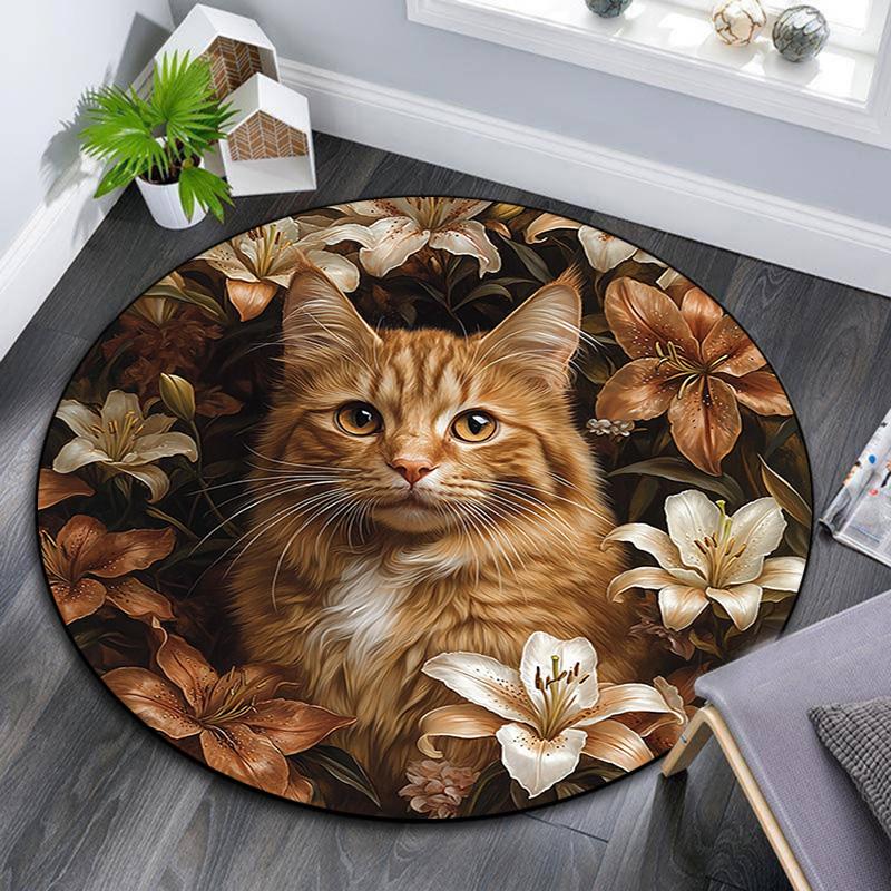 Orange Cat Round Area Rug,Carpet Rug for Living Room Bedroom Sofa Playroom Decor,Non-slip Floor Mat