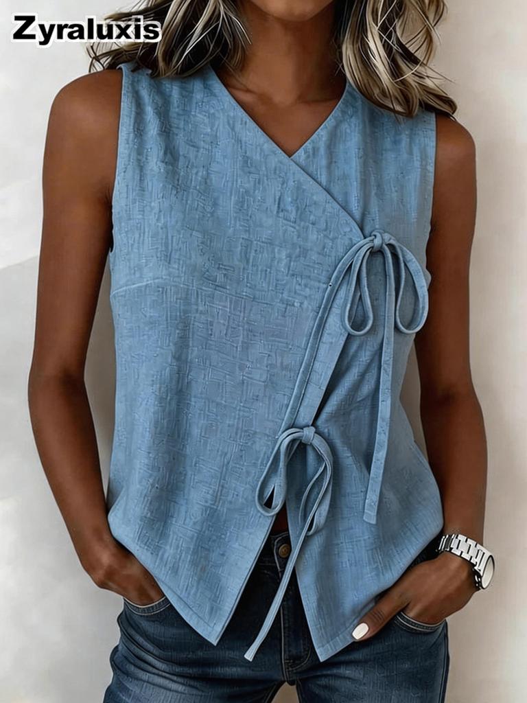 Women's Bow Tie Rouch Detail Summer V-Neck Sleeveless Top Fashion Backless Tank