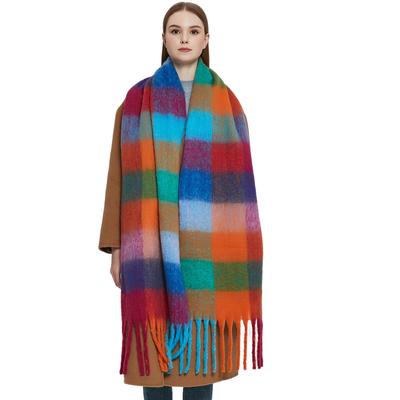 Lenço de lã grossa de inverno estilo luxuoso xadrez multicolorido falso mohair feminino com borla anel longo