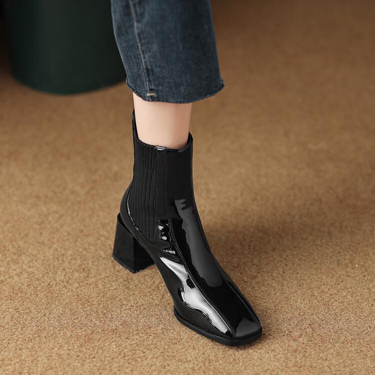 Mode Nouvelles Bottes d'Hiver en Cuir Verni pour Femmes, Bout Carré, Bottines Courtes de Mode, Bottes Chelsea Faites Main, Talons Hauts