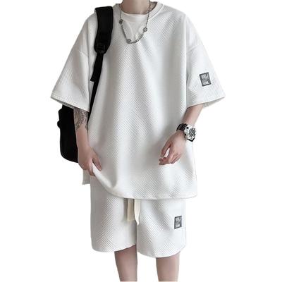 [Aaronlive] Men's T-Shirt Summer Clothes Short Sleeve Top and Bottom Set Loose Fit Jersey Shorts Set Plain Sweatshirt Plus Sizes Sweat-wicking Quick-d