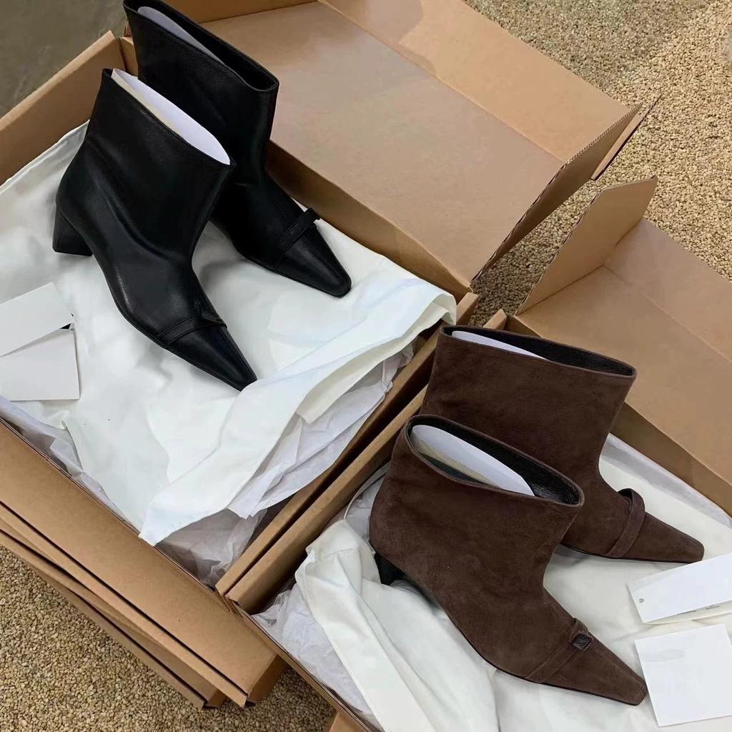 Leather Niche Maillard High-heeled Short Boots Women's 2025 New Autumn and Winter Wide Tube Small Square Head Medium Tube Boots Martin Boots