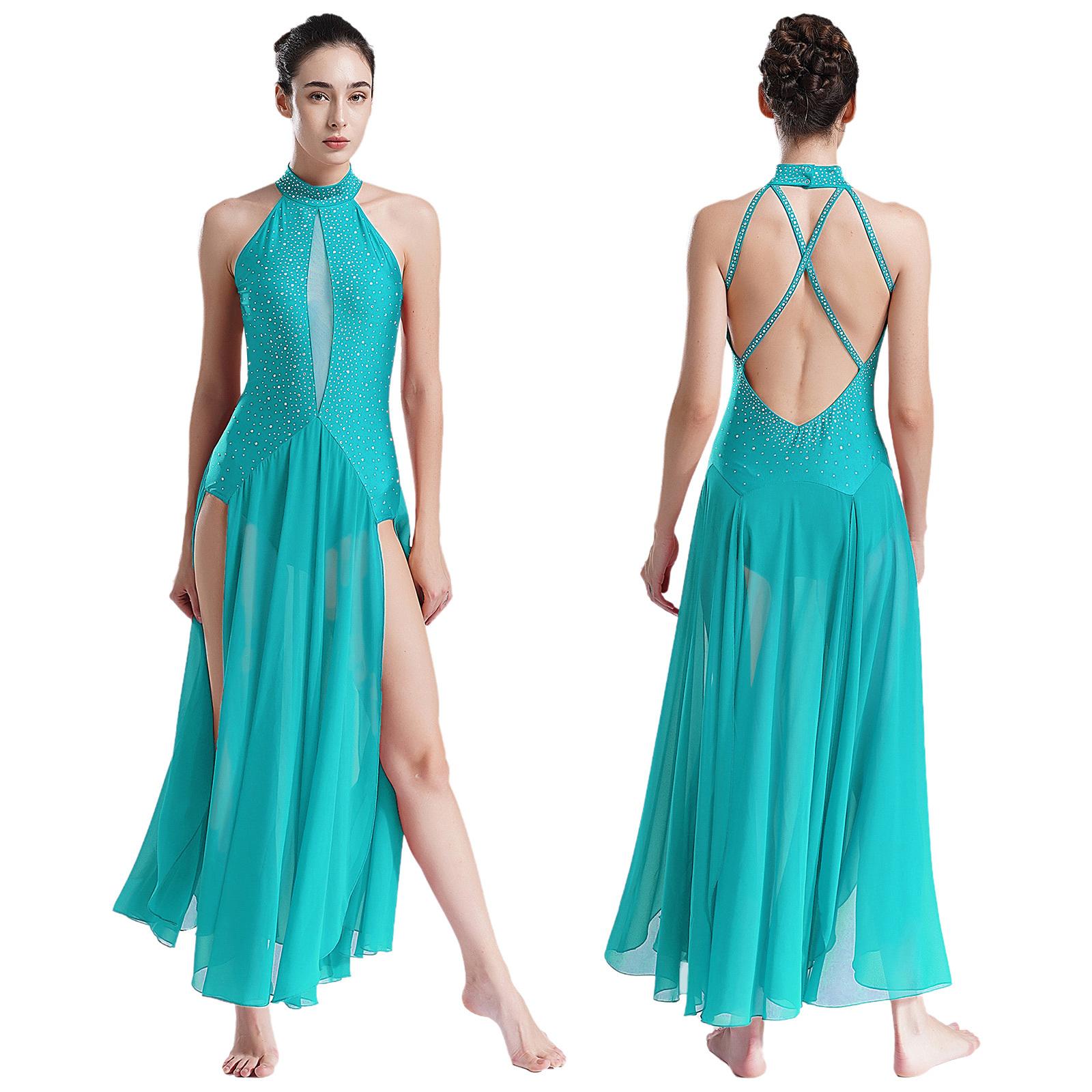 

Женское современное лирическое танцевальное платье со стразами, накладной шифон, длинное платье с разрезом для балета и гимнастики XS синий/зелёный