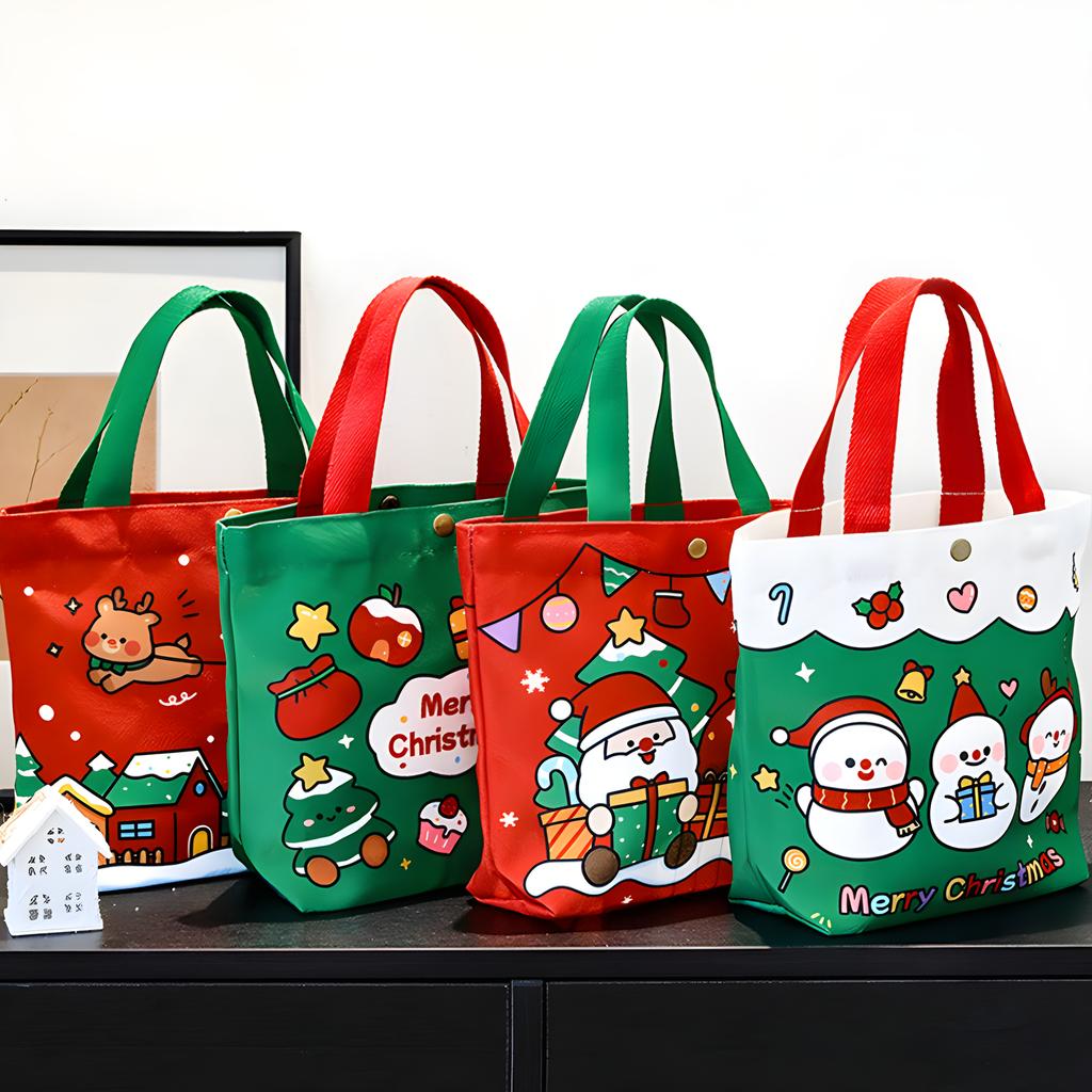 Christmas Gift Bags Reusable Canvas Tote girl & Women, Festive Santa Snowman Pattern with Snap Closure, Shopping, and Daily Use