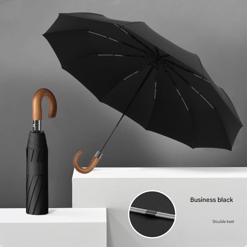 Fully Automatic Curved Hook Wooden Handle Umbrella Enlarged Thickened Black Glue Three-fold Wind Rain Resistan Business Umbrella