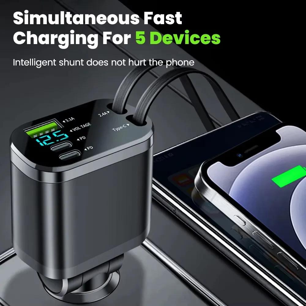 5In1 Phone Charger 150W with Retractable Cable PD USB Type C with voltage Display Super Fast Charging for iphone Huawei Samsung