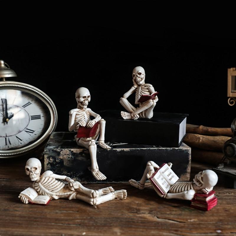 Reading Skull Figure Resin Statue Skeleton Reader with Book for Adding Character To Bookshelves and Office