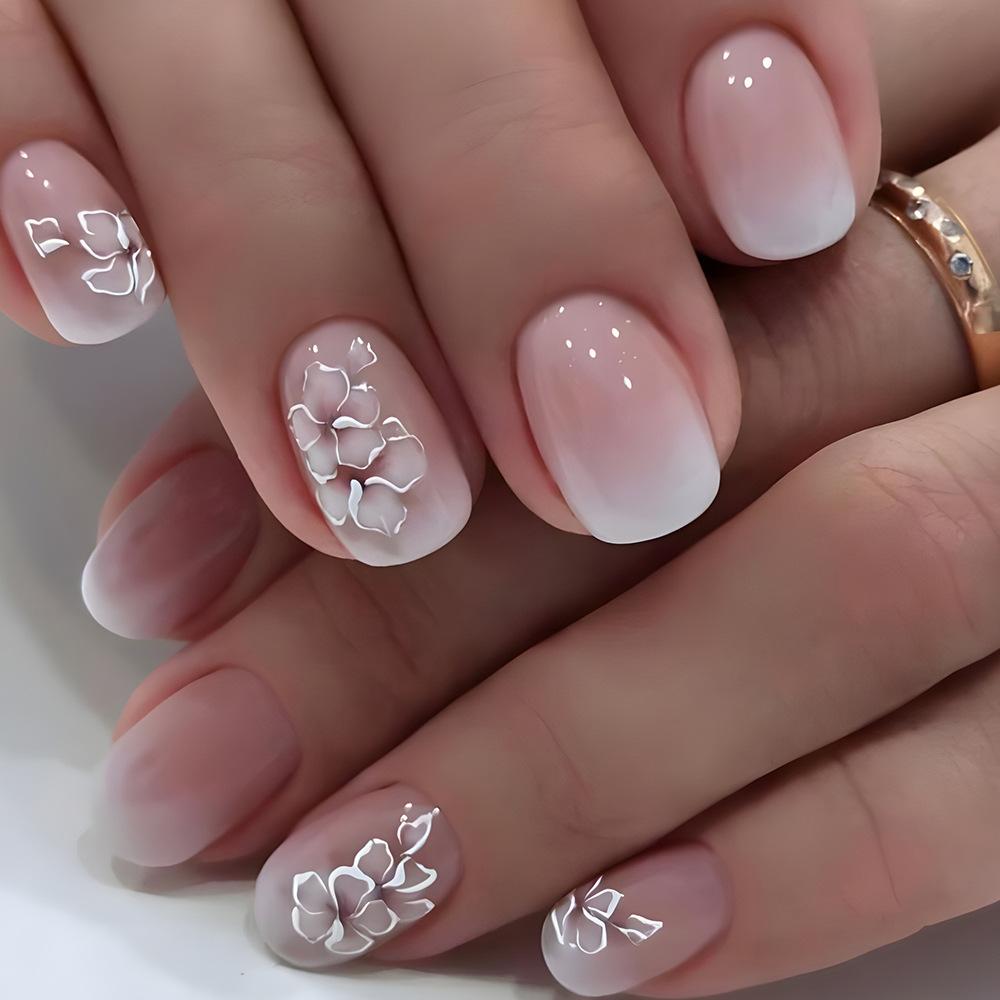 24pcs/set Short Saure Fake Nails for Spring Summer Season French Style Flowers Butterfly Design Press On False Nail Art Tips