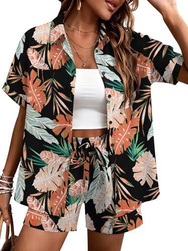 Plant-printed short-sleeved shirt, elastic waist shorts, two-piece set, vacation style casual suit, women's