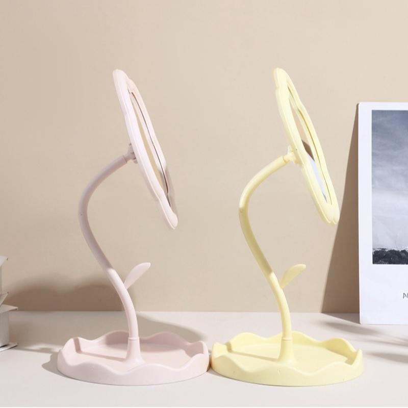 1pc Cream Flower Desktop Makeup Mirror High Definition RotatableDressing Table Mirror for Office Student Dormitory