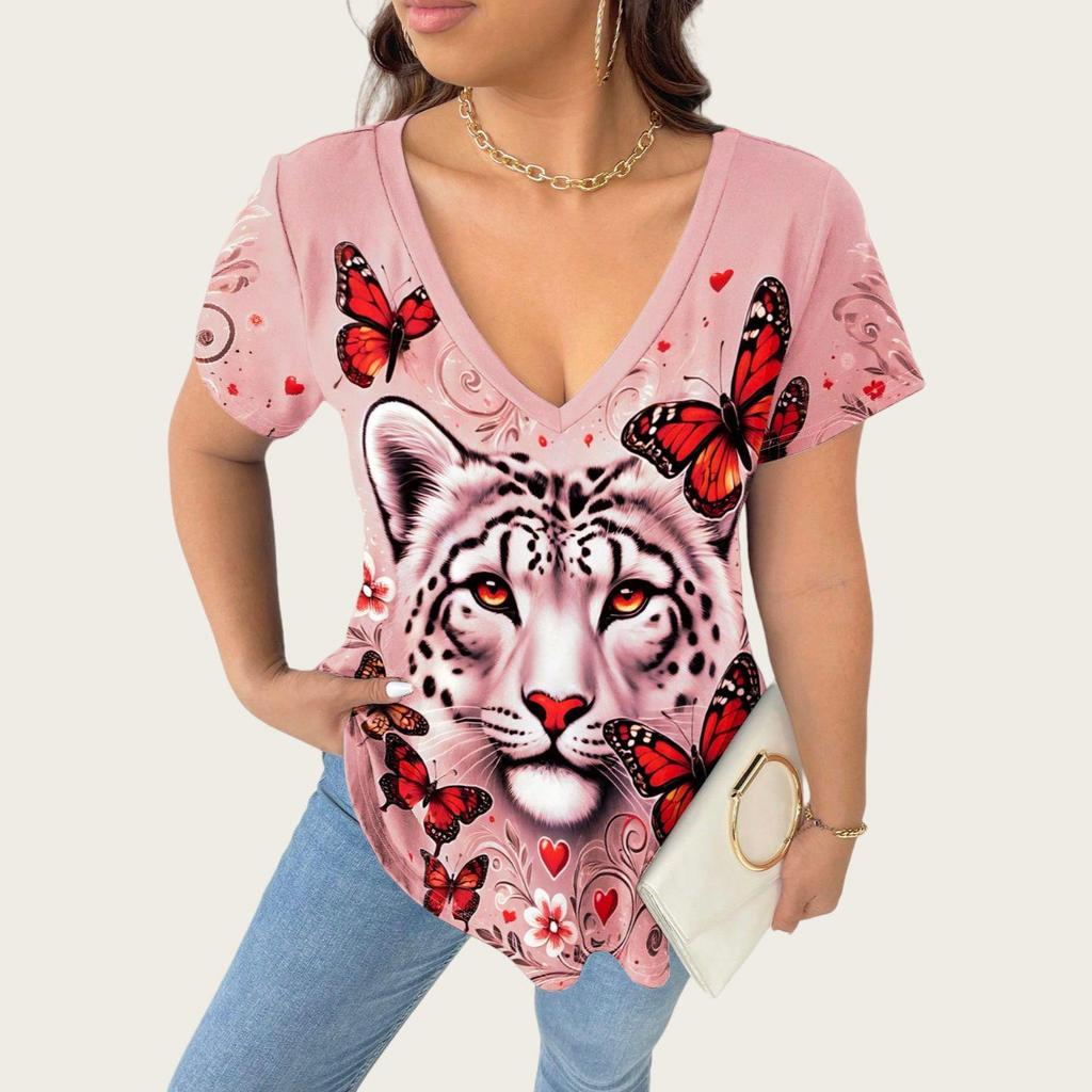 2025 Plus Size Women's V-Neck T-shirt with 3D Animal Print, Short Sleeves: European & American Style Casual Fashion