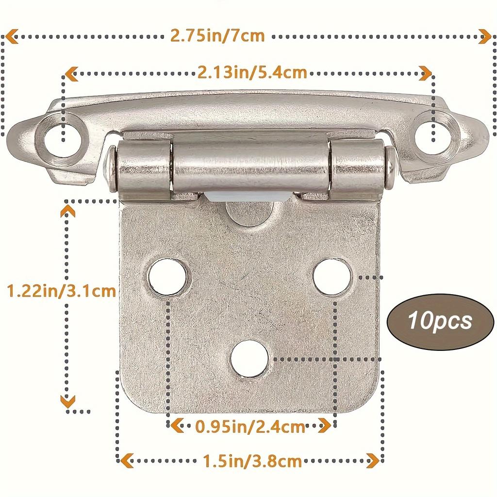 10-Pack Self-Closing Cabinet Door Hinges with Soft Close Silicone Bumper Pads, 1/2 Inch Overlay Brushed Nickel Finish, Powder Coated Metal Hinges