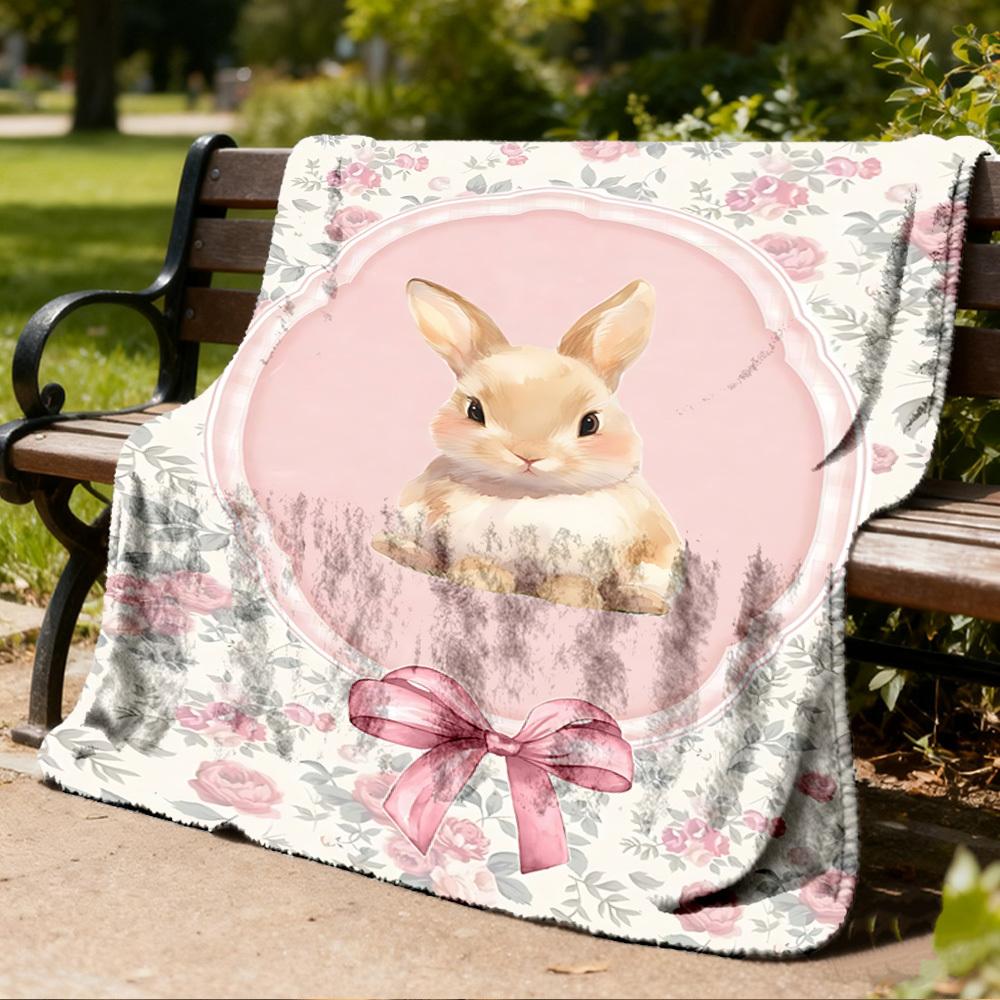 1pc Bunny Print Outdoor Flannel Blanket , Machine Washable Perfect Gift for Birthday , Holiday Travel Accessory , Durable Material