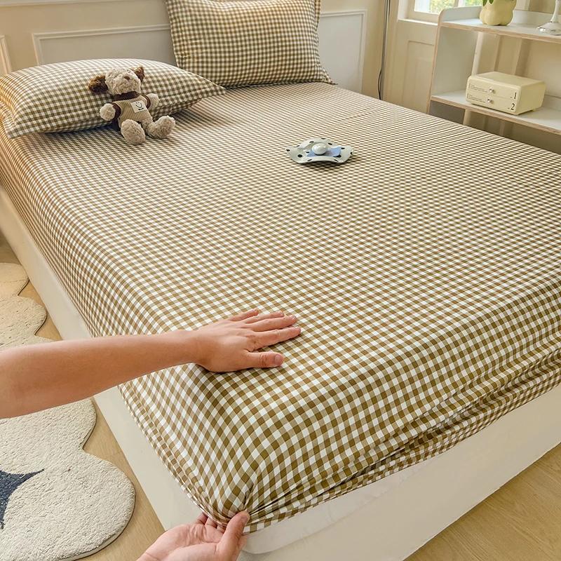 Plaid Fitted Sheet With Elastic Band Non Slip Adjustable Mattress Cover Soft Comfortable For Single Double King Queen Size