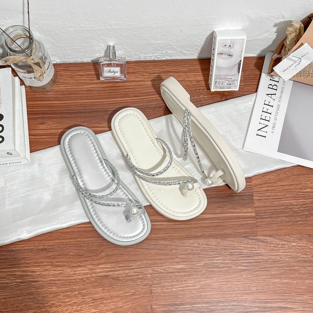 Yuanli Tong Cool Slippers Women's - Pearl Puffs~ Rhinestone Set Toes Casual Exquisite Flat Bottom Sandals Women's Slippers Outer Wear Summer