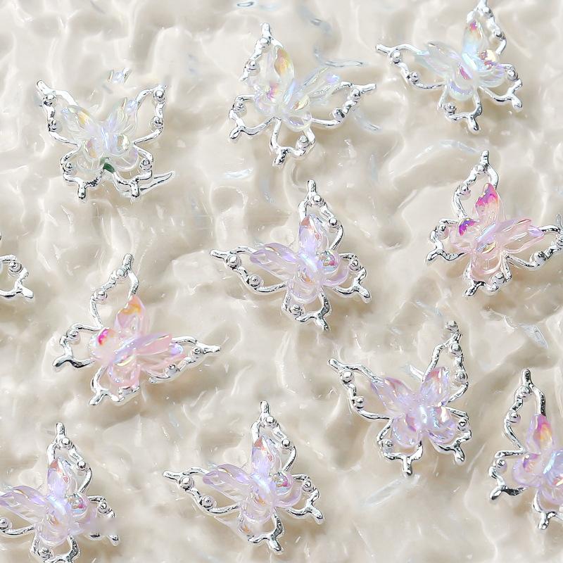Double Butterfly Nail Art Charms 3D Alloy Aurora Ice Butterfly Nail Decorations Rhinestones Diy Jewelry Accessories