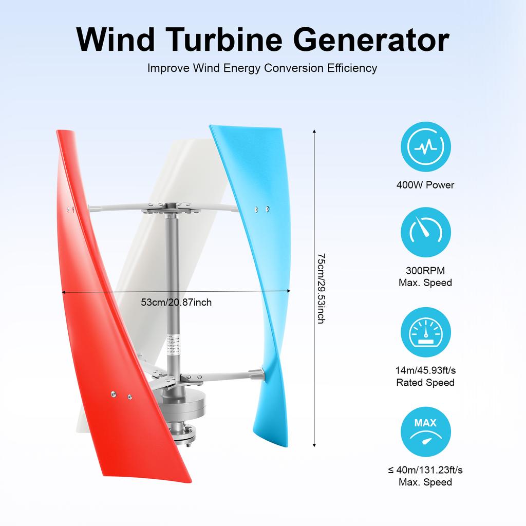 400W Vertical Axis Wind Turbine Generator Low Start Wind Speed 2m/s IP67 Waterproof for Home Boat RV Camping
