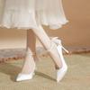 French White High Heels Women's 2025 Autumn Stiletto Wedding Shoes with Skirt Satin Wedding Shoes Bow Pointed Single Shoes