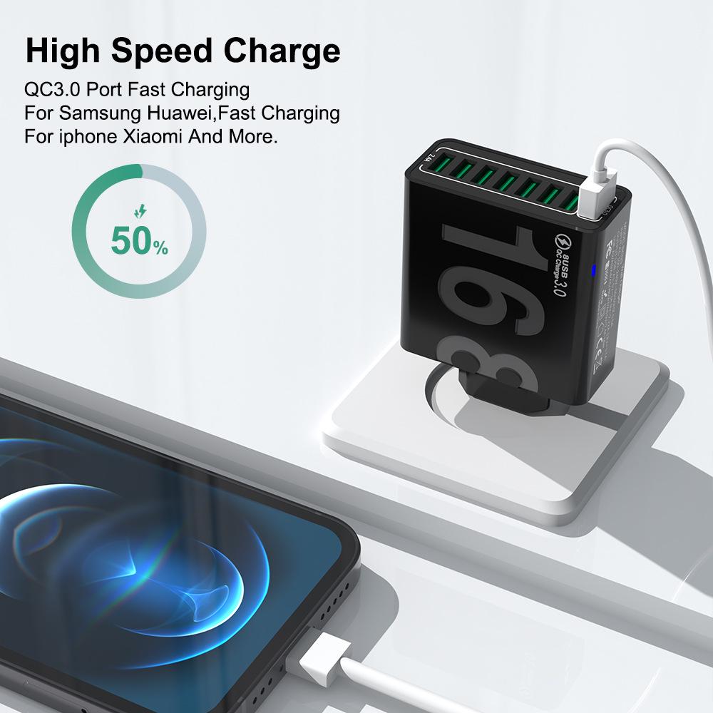 8-Port QC3.0 Fast Charging Travel Charger for Europe, America & Korea - Mobile Phone Charger