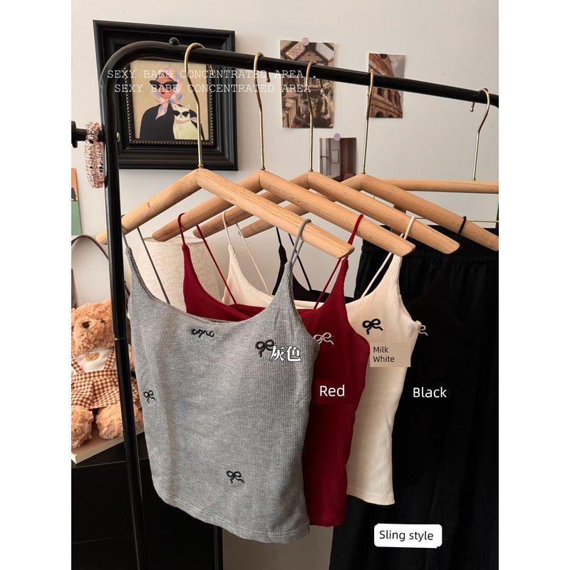 Kumikumi Pure Desire Style Bows Brushed Camisole Women's Autumn Retro with Chest Pad Short Inner Tops
