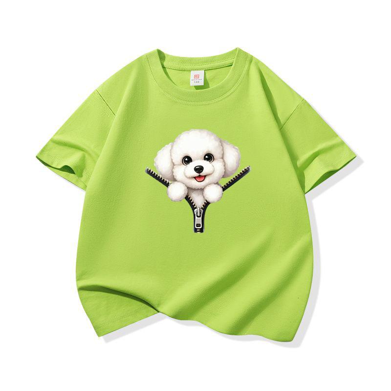 Kids Cotton T Shirt Cute Bichon Frise Puppy Dog Zipper Print Crew Neck Short Sleeve Tee Casual Boys Girls Summer Tops