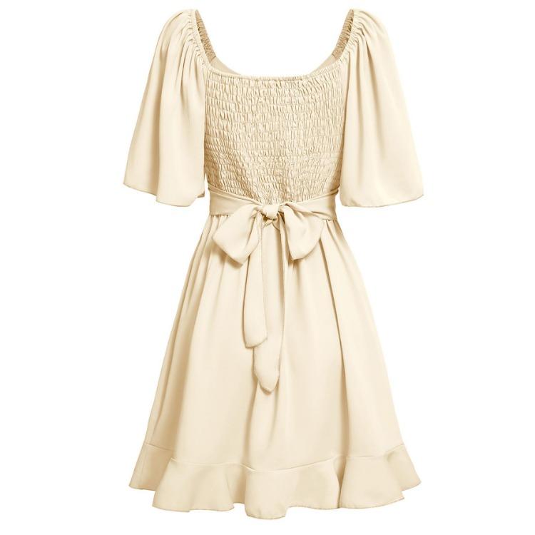 A-Line Solid Color Women Summer V-Neck Short Dress Above Knee High Waist Spring Dress Lotus Leaf Sleeve S-XL