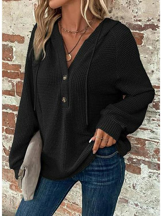 Women's V-Neck Waffle Knit Drawstring Button Long Sleeve Hoodie