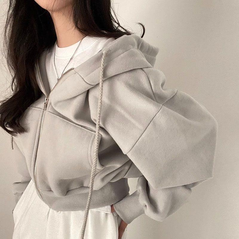 Spring and Autumn Plush Versatile Fashion Short Fit Slim Zipper Warm Solid Color Hoodie