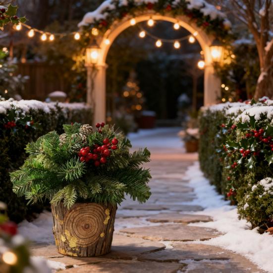 18 Inch Lighted Artificial Christmas Urn Filler Pre-lit Xmas Pine Tree with Cones Red Berries Small Tree