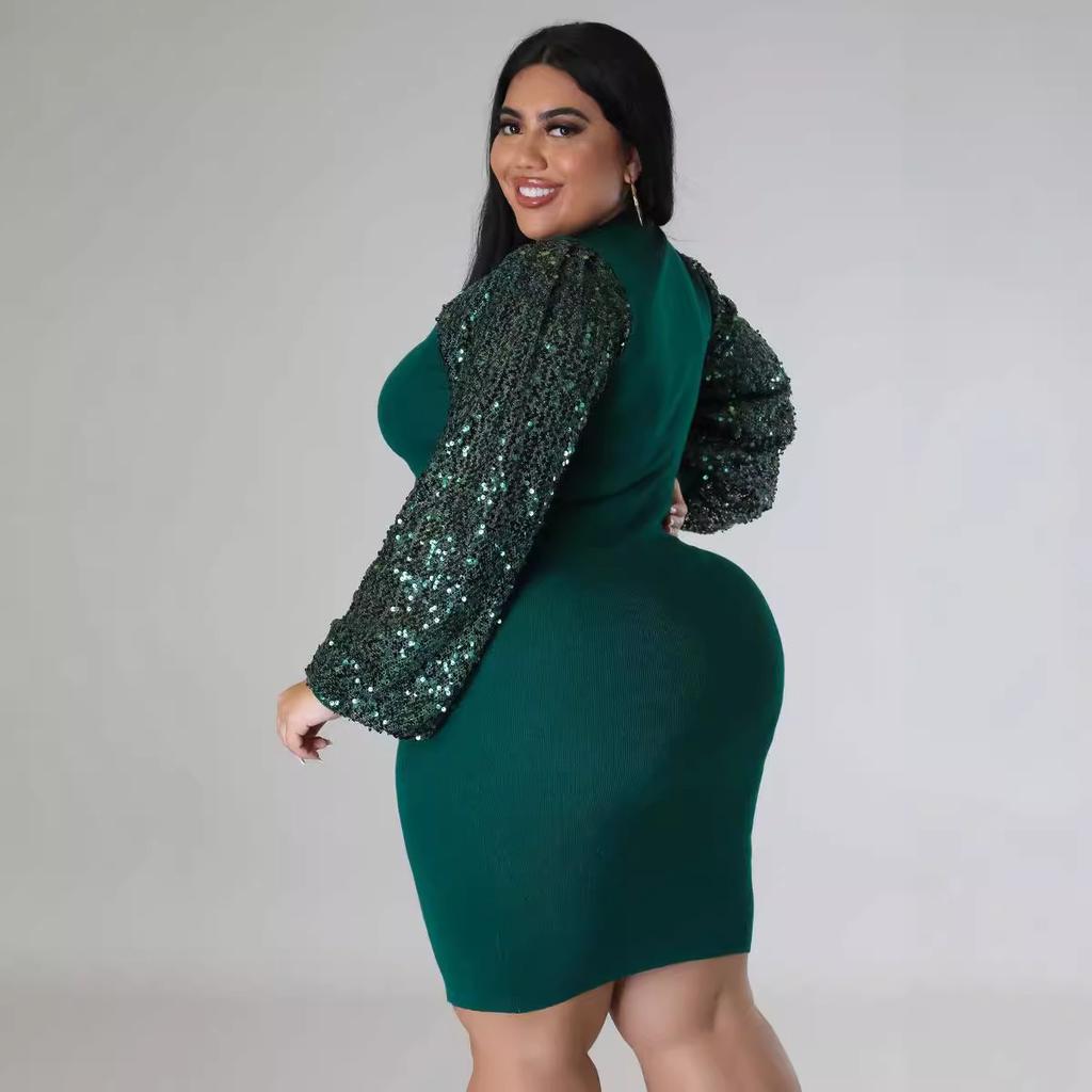 Women's Dress Plus Size Sexy Solid Colour Sequins Bubble Sleeve Dresses