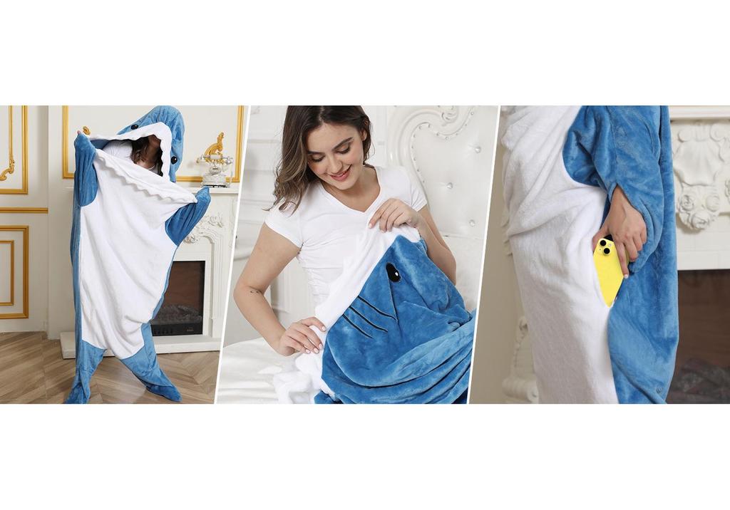 Autumn-Winter Cartoon Shark Flannel Sleeping Bag – Warm, Thick, One-Piece for Couples & Adults