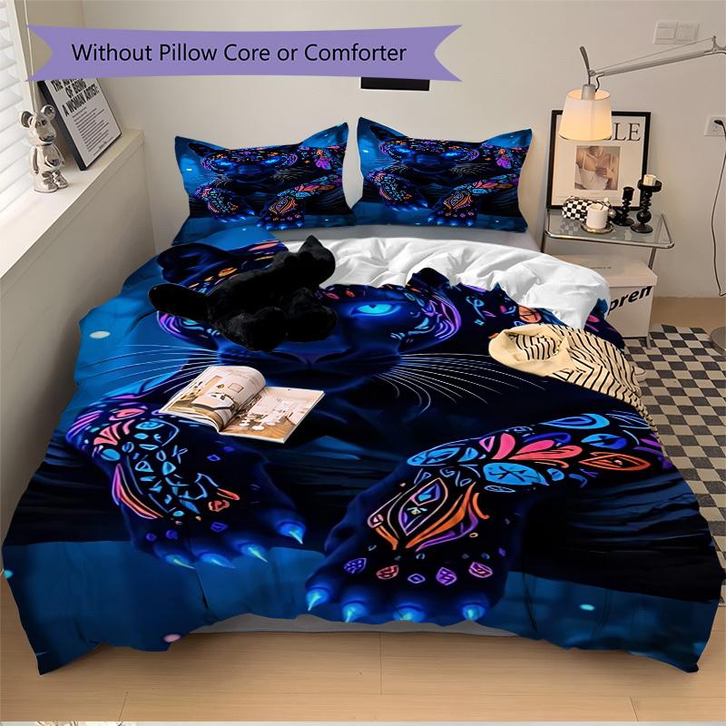 3pcs Neon Panther Print Duvet Cover Set - Machine Washable, Includes 1 Cover and 2 Pillowcases, No Core Included yy251013038