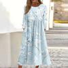 Women's Casual Round Neck Floral Print Midi Dress Long Sleeve Pocket Dress