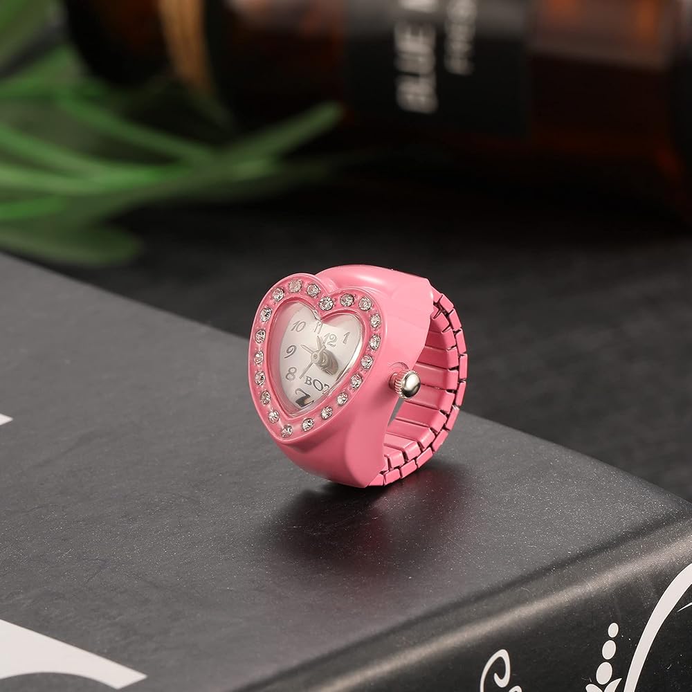 Lancardo Heart Watch Ring Adjustable Analog Ring Watch for Women Waterproof Daily Use Pink